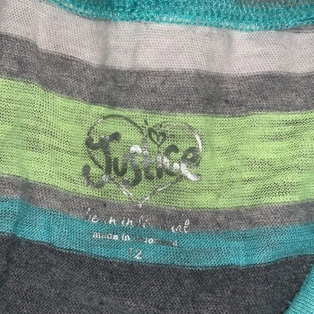 Justice Blue Lime Gray Striped Hoodie Short Sleeved Top - 12
